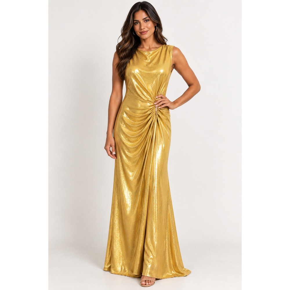 Lauren Ralph Lauren Gold Metallic Draped Evening Gown Dress 16 Event Gala Party
